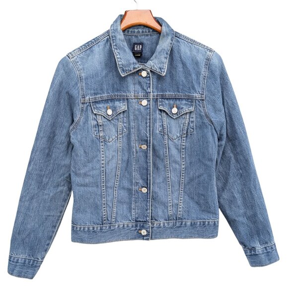 Vtg GAP Jean Trucker Jacket Womens Blue Cotton Denim Button Front Y2K Size L - Picture 1 of 9